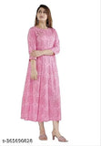 Pink rayon Anarkali Kurta with jaipuri print, three-quarter sleeves. Comfortable fit for festive occasions. Made in India, suitable for all weather