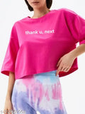 Magenta printed cotton half sleeve crop top T-shirt for women, stylish thank u next design with three-quarter sleeves, Indian origin