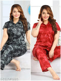 Satin-lined Malani loungewear night suite (CIMBO), pack of 2 pcs shirt & pyjama set for women and girls in printed net pattern