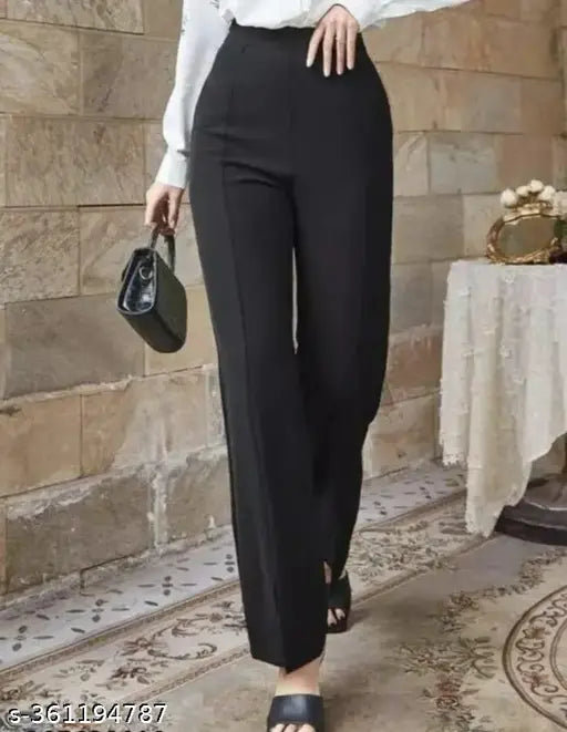 Designer black straight leg trousers, high waist, wide legs, knee length