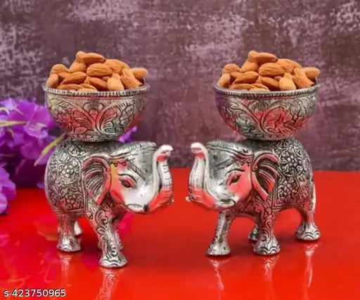 Golden metal elephant idols with dry fruit bowl, decorative showpiece for home decor (13cm x 13cm x 9cm, set of 2)
