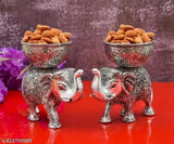 Golden metal elephant idols with dry fruit bowl, decorative showpiece for home decor (13cm x 13cm x 9cm, set of 2)