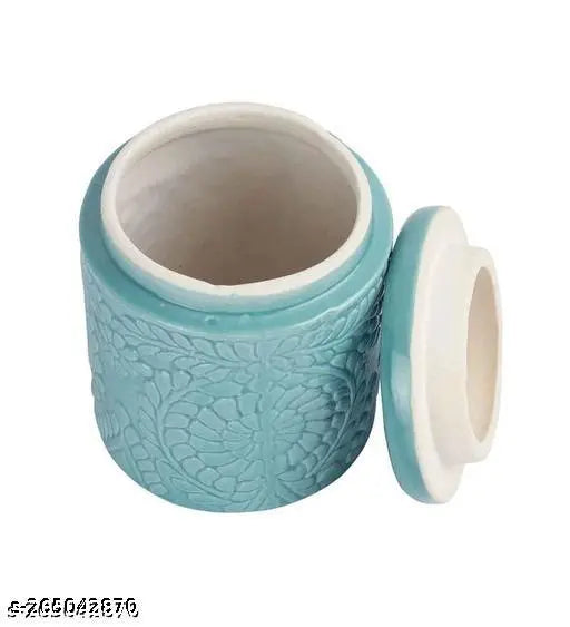 A set of ceramic jars with a floral design, green color, and capacity of 900ml. The jar has a narrow neck and is part of a set containing two jars
