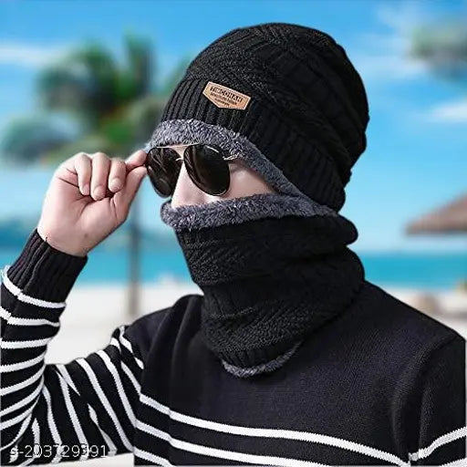 Black winter knit thick fleece woolen beanie cap hat with faux fur lining and wool neck muffler scarf