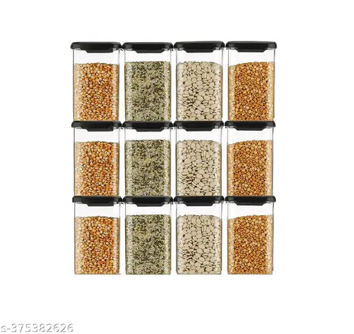 A set of 12 unbreakable airtight plastic square kitchen storage containers, black, with an air-tight design, and measuring 1100ml