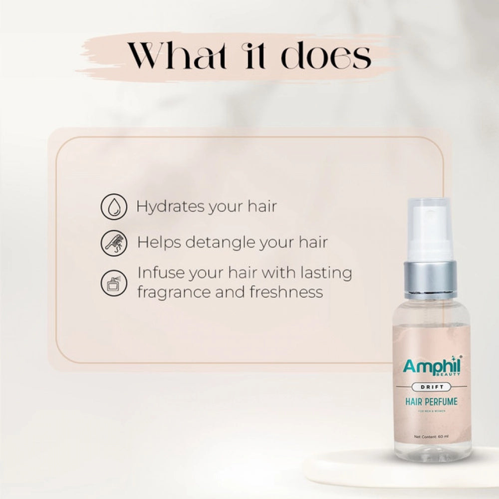 Transparent water-based unisex hair perfume, alcohol & paraben free - Amphil Drift fragrance blend with coriander, bergamot, and juniper berries