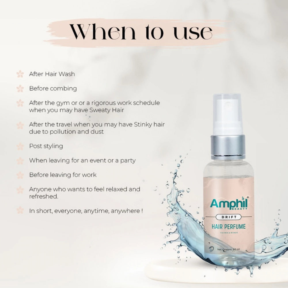 Transparent water-based unisex hair perfume, alcohol-free & paraben-free. A blend of coriander, bergamot, and juniper berries for an aromatic experience. Travel-friendly packaging design