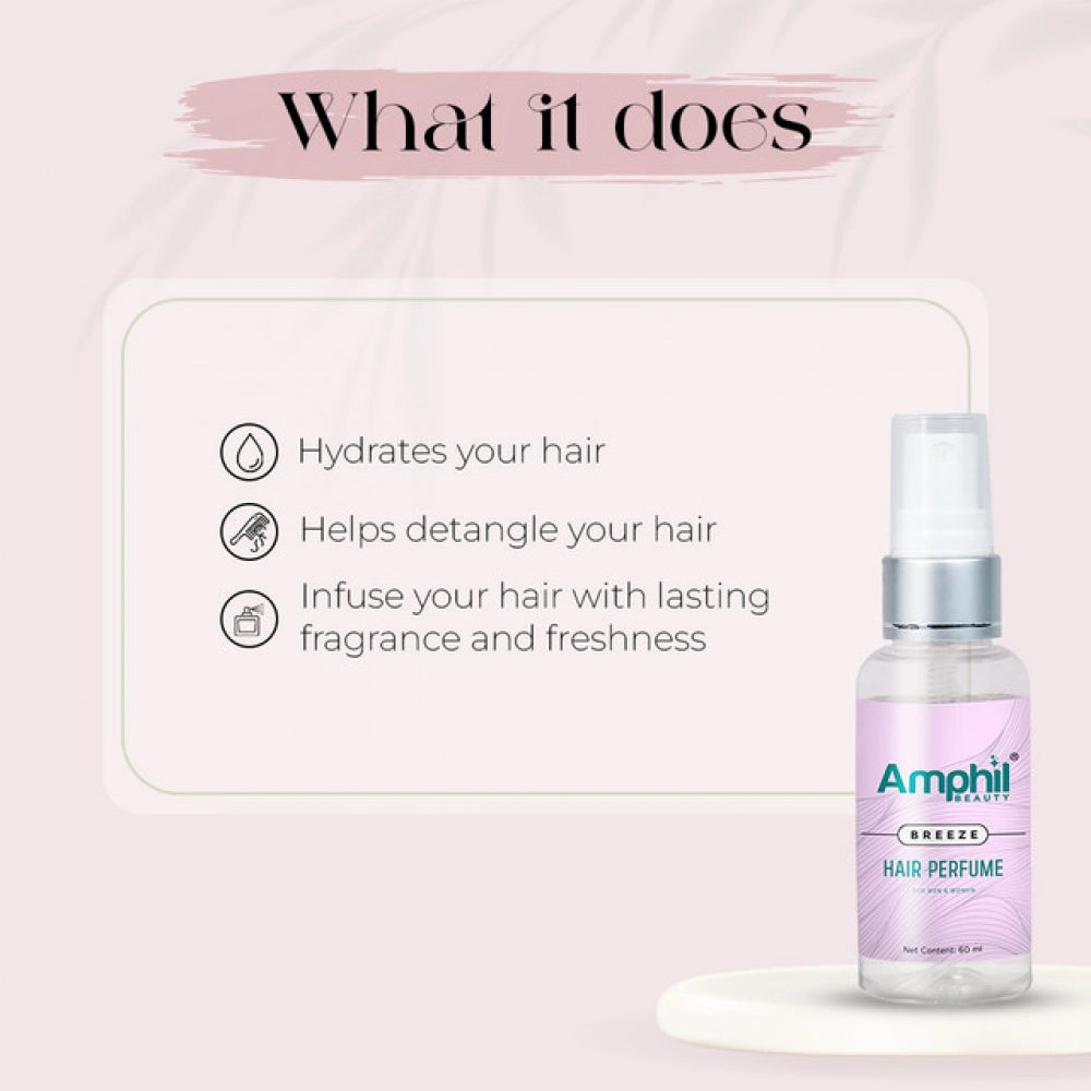 Transparent water-based unisex hair perfume, alcohol-free & paraben-free. Amphil beauty Breeze bottle with citrusy-fruity scent for everyday elegance