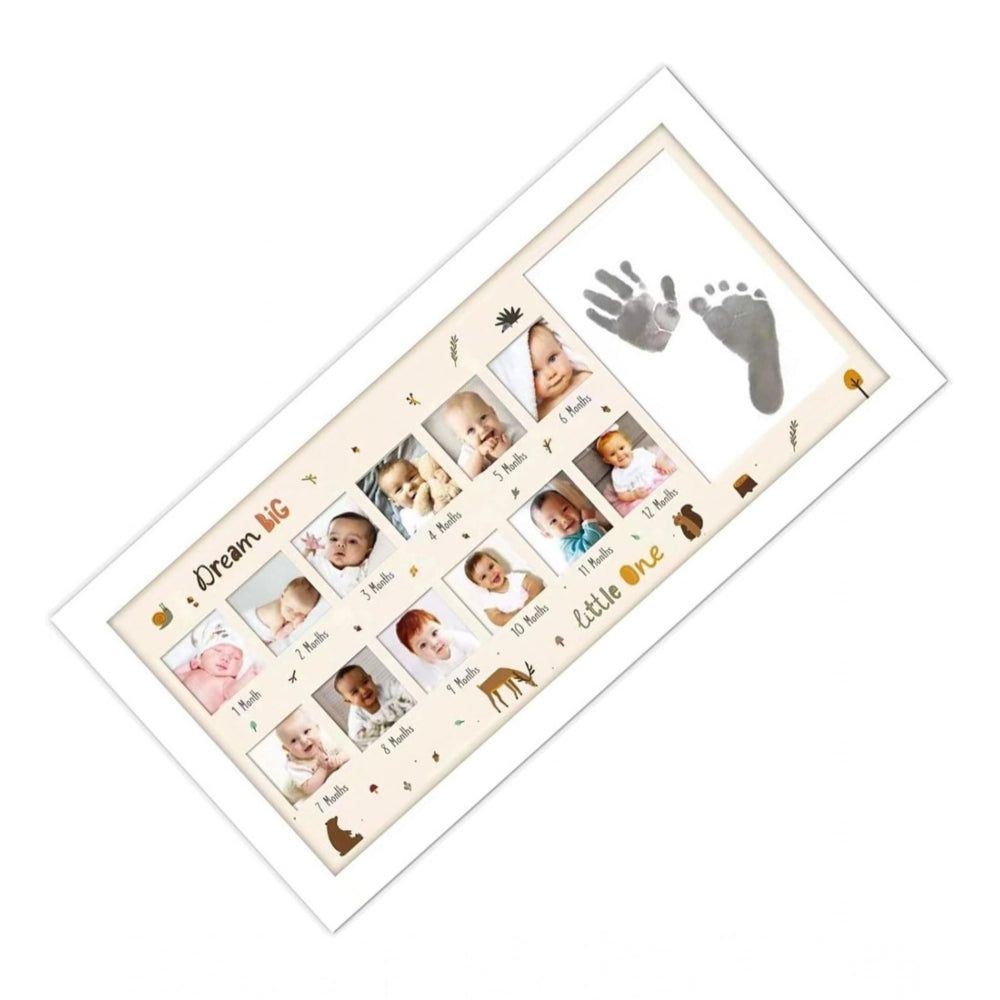 Multicolor acrylic footprint photo frame for baby memories, featuring handprints and 12 monthly slots for keepsake collage