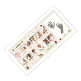 Multicolor acrylic footprint photo frame for baby memories, featuring handprints and 12 monthly slots for keepsake collage