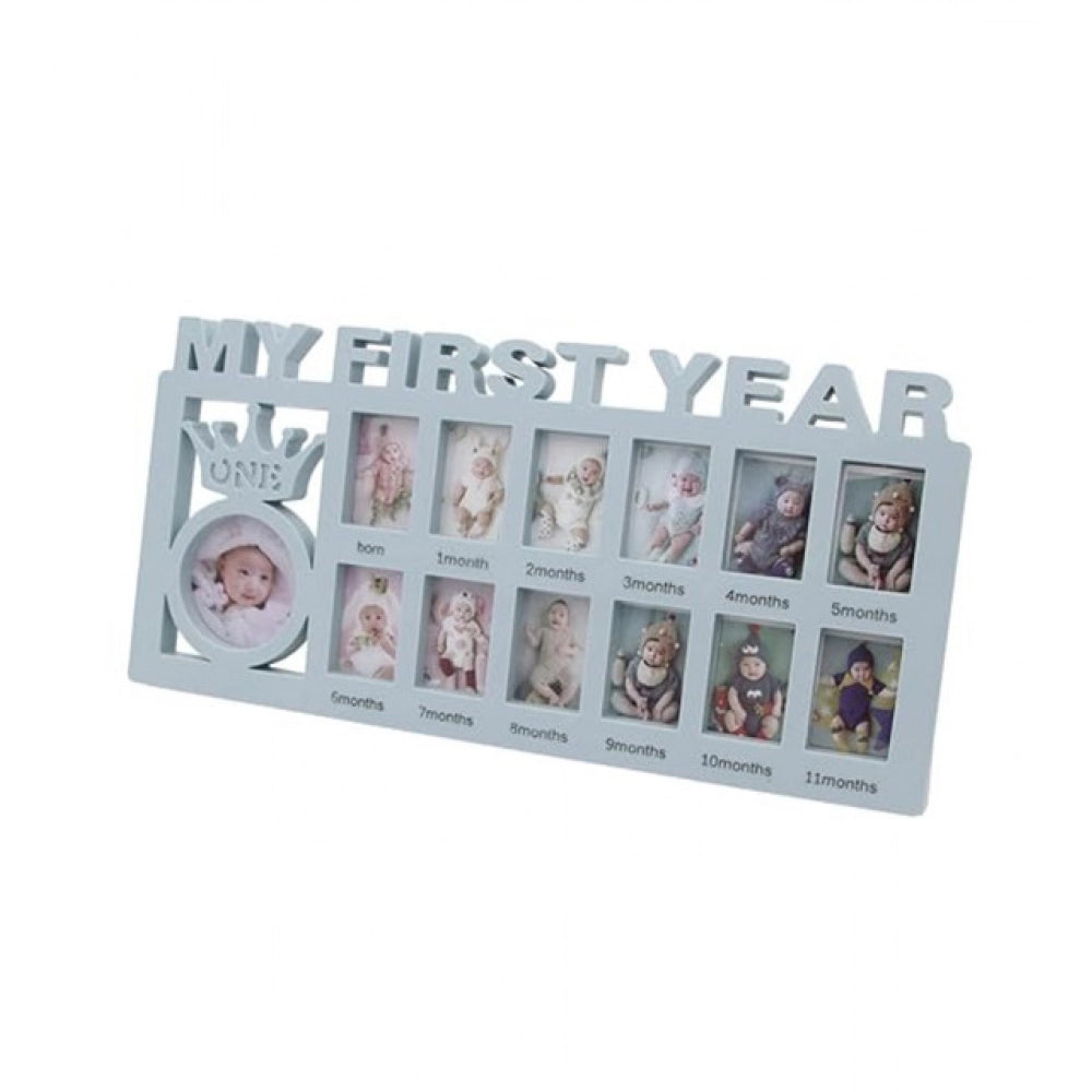 Multicolor acrylic photo frame for capturing baby's first year milestones, features labeled slots for easy memory tracking, ideal for nursery decor or gifts