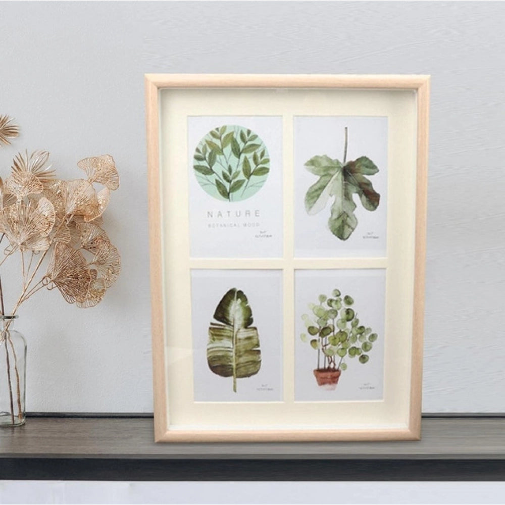 Multicolor acrylic collage frame (4 slots) for botanical prints, photos, or art cards, nature-inspired leaf artwork enhances contemporary interiors