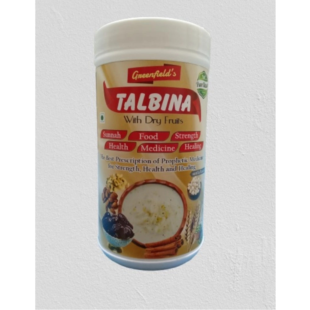Greenfield's roasted barley and powdered dry fruit Talbina (250GM) - Traditional, nutrient-rich barley porridge blend with almond, dates, cashews, makkhanna, cardamom, cinnamon, and vanilla flavor in a jar