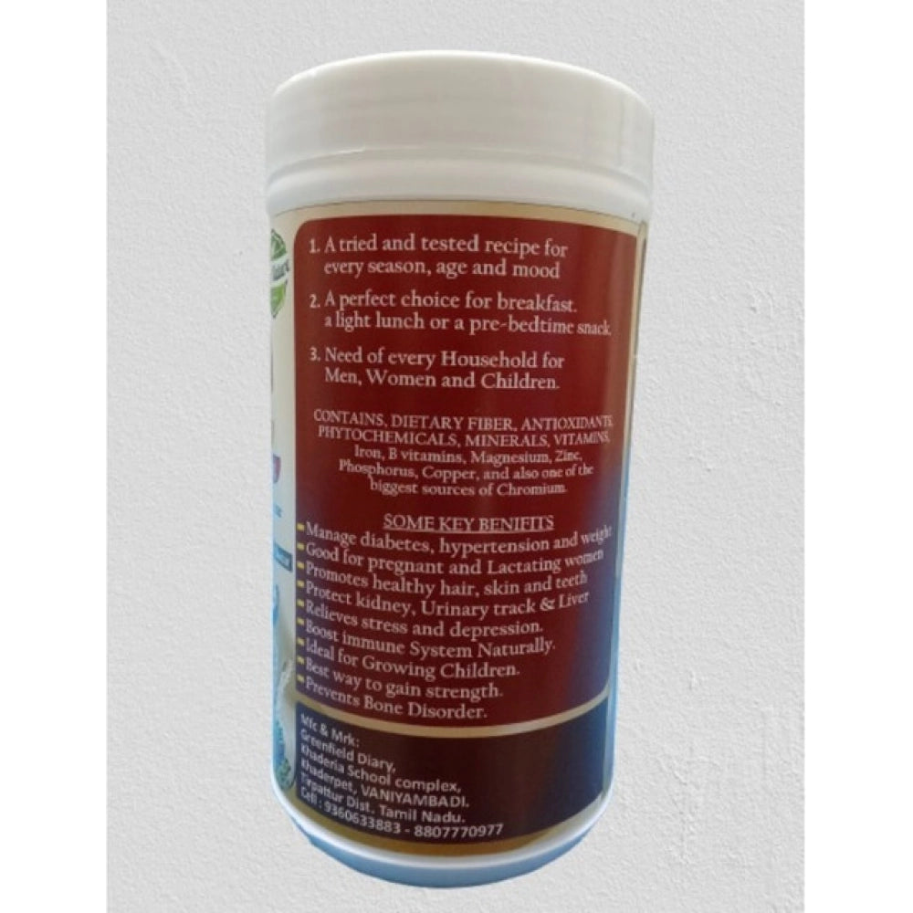 Greenfield's Talbina roasted barley with powdered dry fruit (250GM) - traditional nutrition blend of barley, almond, dates, cashews, makkhanna, cardamom, cinnamon, and solid milk vanilla flavor in a jar