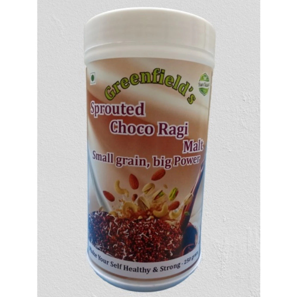 Greenfield's Sprouted Choco Ragi Malt (250GM) - Nutrient-rich ragi malt with almond, cashew nuts, pistachio, cocoa powder, and jaggery powder. Jar packaging for easy mixing