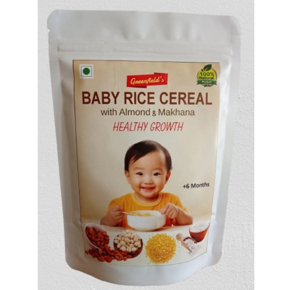 Greenfield's baby rice cereal (250GM), specially prepared for newborns with rice, moong dal, almond, and makahanna. Soft, smooth porridge for healthy growth and development
