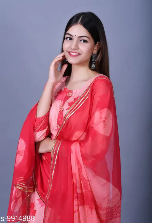 Red printed rayon kurta set with sharara, full sleeves