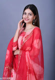 Red printed rayon kurta set with sharara, full sleeves