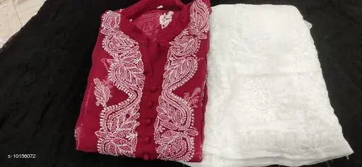 Women's embroidered chiffon kurta set with sharara, white and red