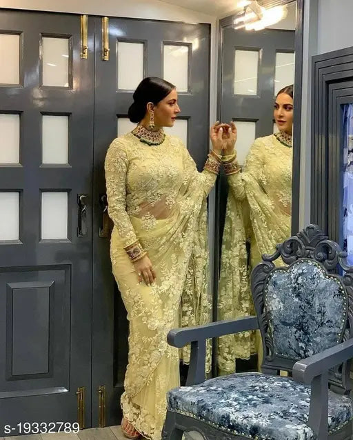 New Bollywood-inspired net embroidery Chikankari saree with Aari work, Indian handloom