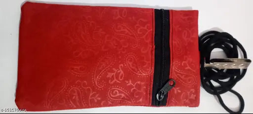 Red lace fabric pouch with adjustable strap, black handle