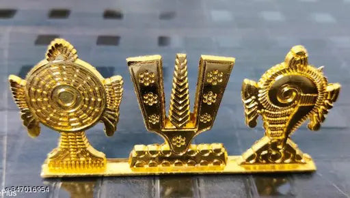 Brass Vishnu Shankh Chakra showpiece, symbolic of Lord Vishnu's power & divinity, 10cm tall, Indian origin