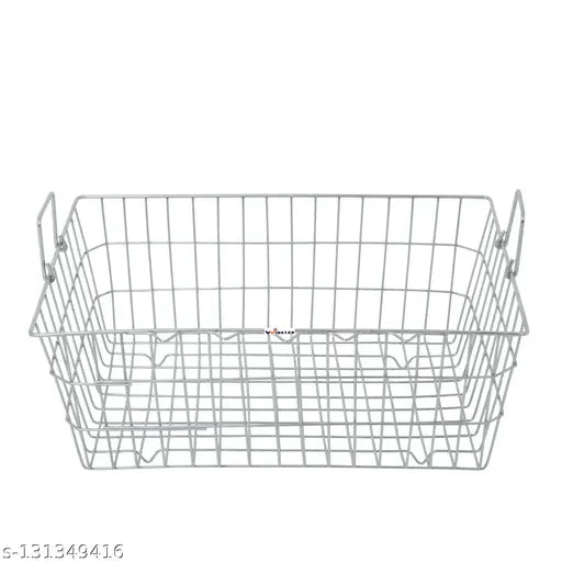 A small, stainless steel dish drainer from Akaya Creations. This square basket is suitable for kitchen use as a dish drying rack and features multiple compartments for organization. The dimensions of this bartan basket are 15 inches long by 21 inches wide by 9 inches deep
