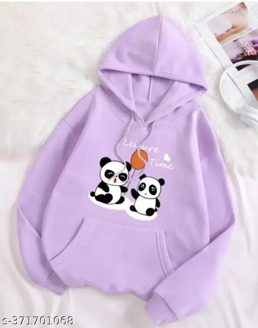 Lavender wool girls' panda hoodie, long sleeves, solid design