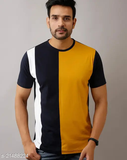 White, blue, yellow color blocked men's cotton casual t-shirt, short sleeves, round neck, tailored in India