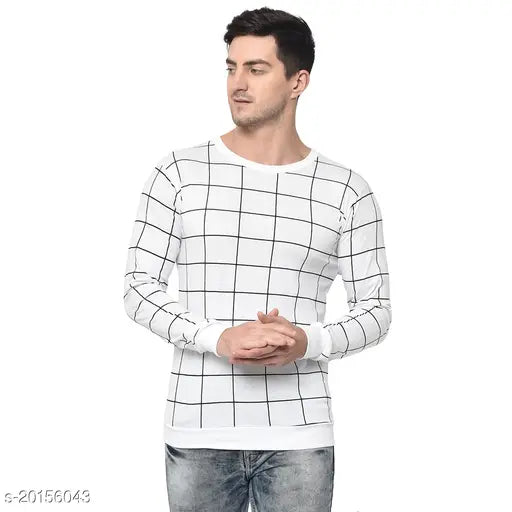 Vimal Jonney men's white cotton blend round-sleeve t-shirt with windowpane checks pattern, size M/38in-27.5in, Indian origin