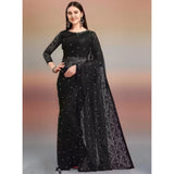 Women's Net Self Design Saree With Unstitched Blouse 5.5Mtr (Black)