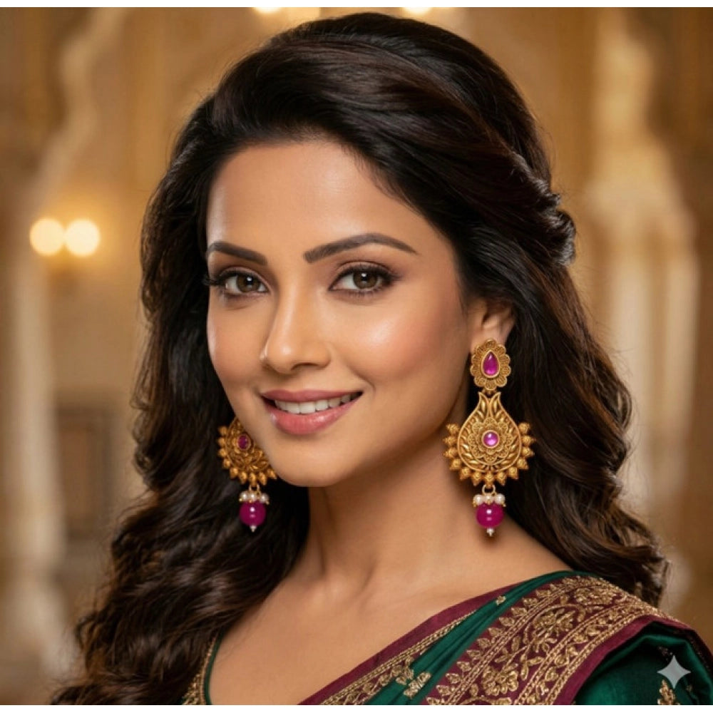 Multicolor zinc alloy gold-plated chandbali earrings for women, jewelry set on display