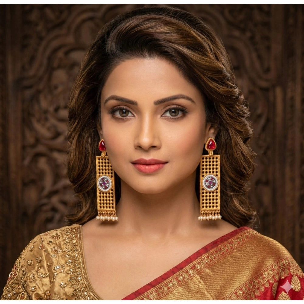 Multicolor zinc alloy gold-plated dangler earrings for women, close-up on display stand (avoid water, perfume & harsh chemicals)