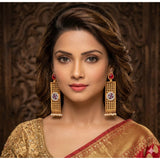 Multicolor zinc alloy gold-plated dangler earrings for women, close-up on display stand (avoid water, perfume & harsh chemicals)