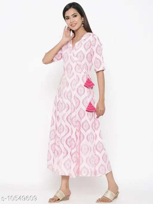 Pink floral printed rayon Anarkali kurta with embroidery, three-quarter sleeves for Indian women's fashion