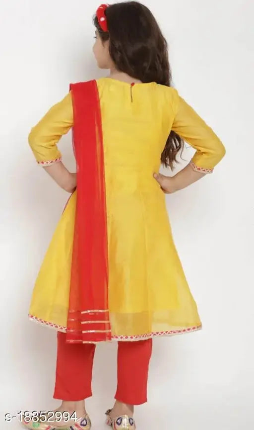 Embroidered cotton Anarkali Kurti bottom & dupatta set for girls, three-quarter sleeves, Masud Creation India