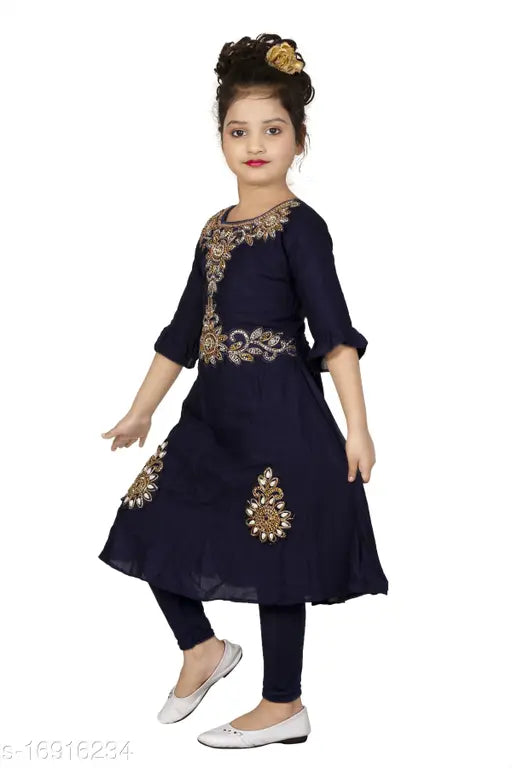 Navy Blue Rayon Girls Kurti Pack, self-designed net pattern, three-quarter sleeves