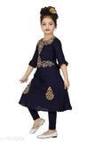 Navy Blue Rayon Girls Kurti Pack, self-designed net pattern, three-quarter sleeves