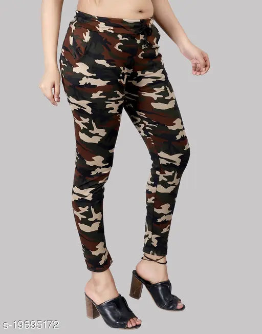 Women's Army Print Slim Fit Spandex Jeggings - Cotton blend, self-design check pattern, practical pockets