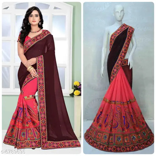 Riva Enterprise women's festive traditional saree with matching blouse, detailed embroidery on pallu and peta