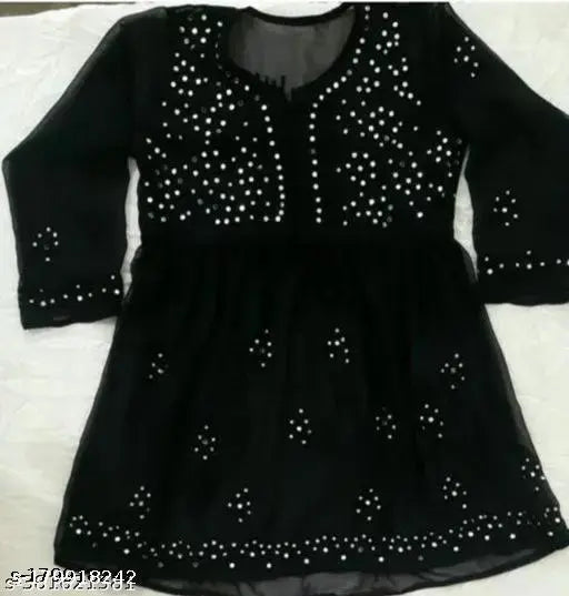 Red Georgette Long-Sleeve Chikankari Kurti Top, Indian Lucknowi Short Gown