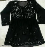 Red Georgette Long-Sleeve Chikankari Kurti Top, Indian Lucknowi Short Gown