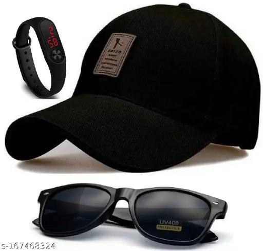 Black polarized lens wayfarer sunglass combo with black cotton Ediko branded cap and LED band for unisex - solid black style accessory from India