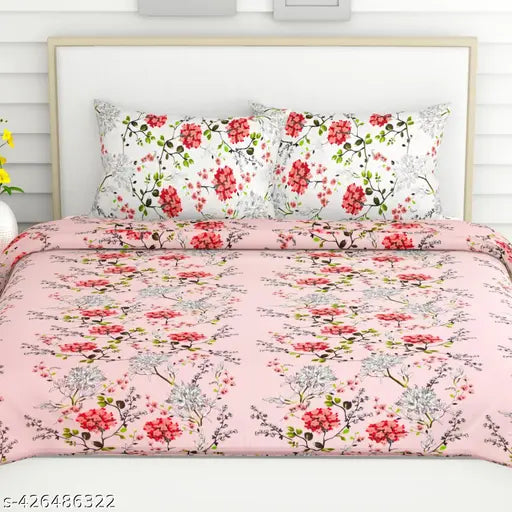 Haus & Kinder pink floral double cotton bedsheet (Victorian Summer Dream), includes 2 pillow covers. Breathable, machine washable, ideal for summer