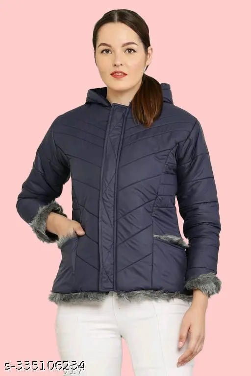 Solid nylon winter jacket for women, long sleeves, warm and soft quilted design, unique Lotus Lion collection, India origin