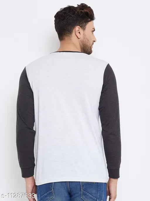 Grey cotton blend men's colorblocked t-shirt with long sleeves and round neck - Bishop Cotton