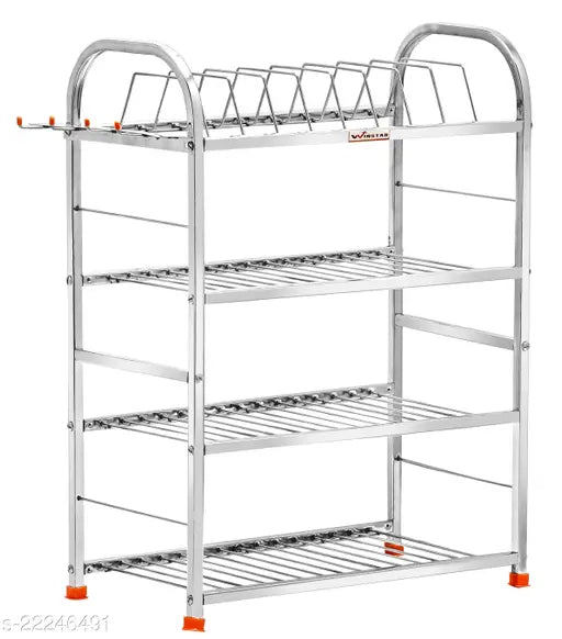 Silver metal four shelf kitchen rack with wall mounts