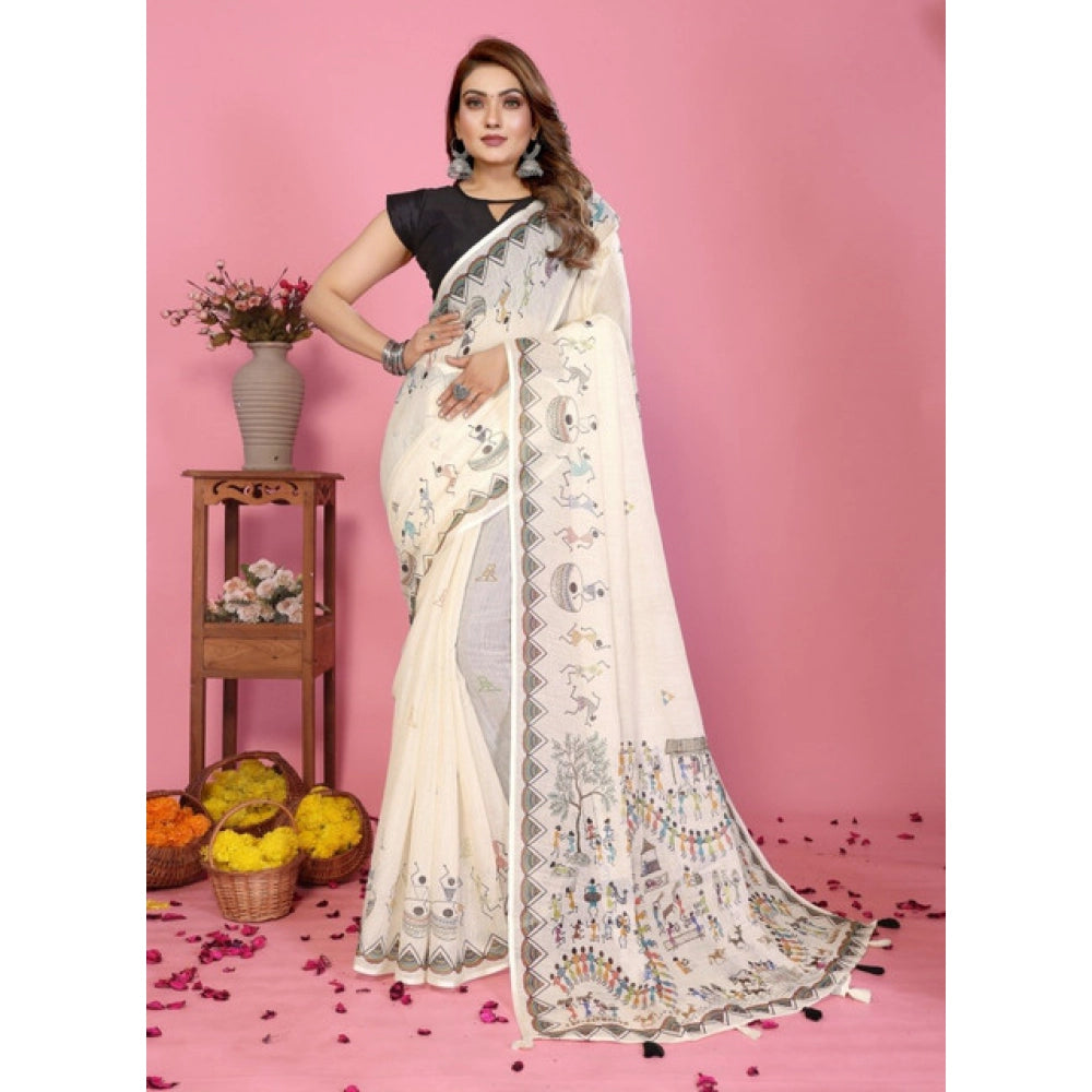 Off-white linen cotton printed saree with unstitched blouse, versatile for Indian fashion events