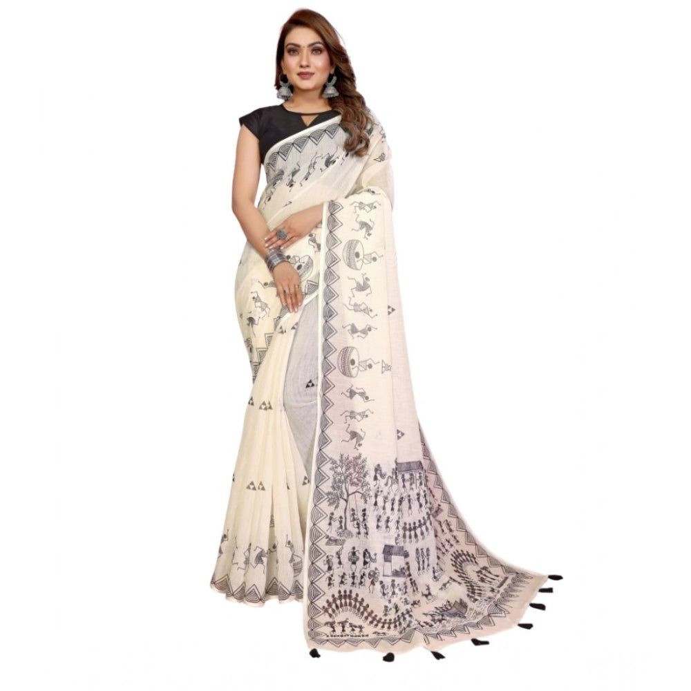 Off-white linen cotton printed saree with unstitched blouse, vibrant floral pattern on traditional Indian wear