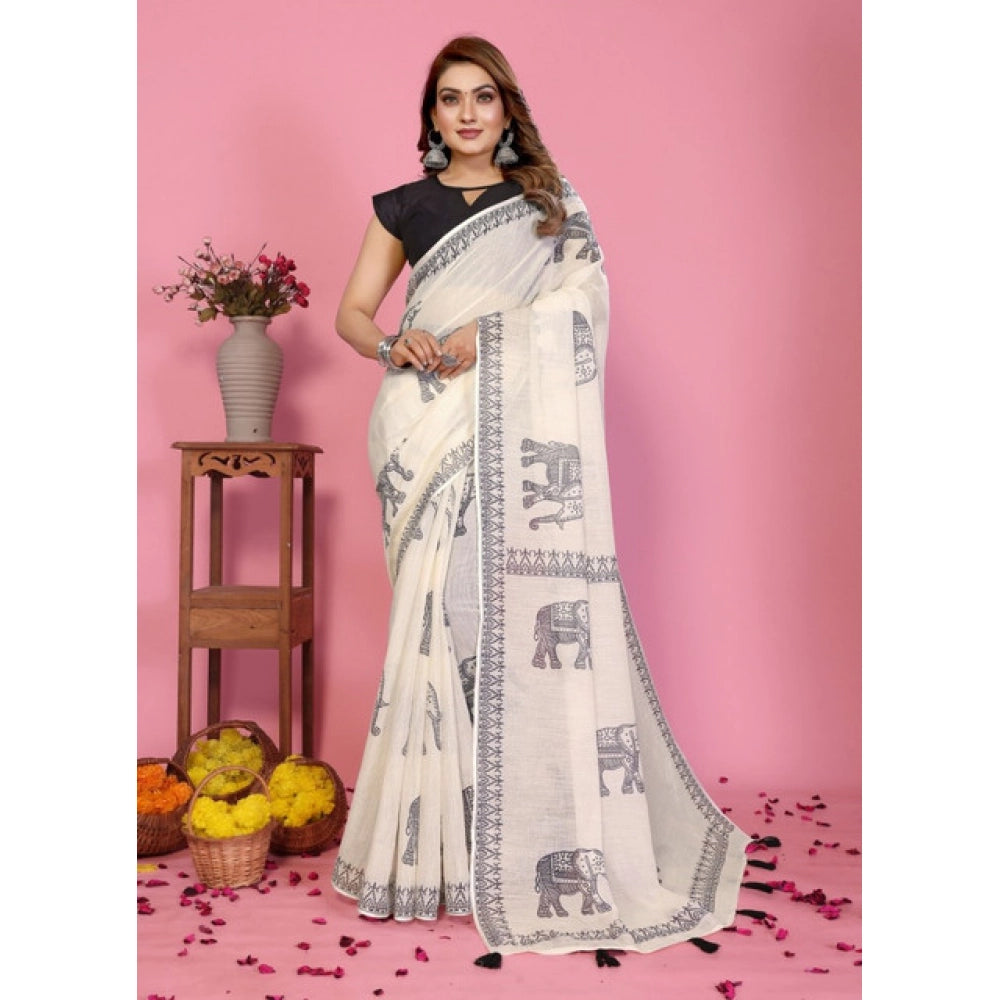 Off-white linen cotton printed saree with unstitched blouse, intricate pattern design for Indian women's traditional wear